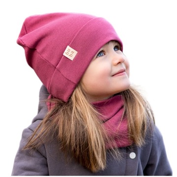 Хлопковая шапка в полоску весна осень с дымоходом-темно-розовый 46-50