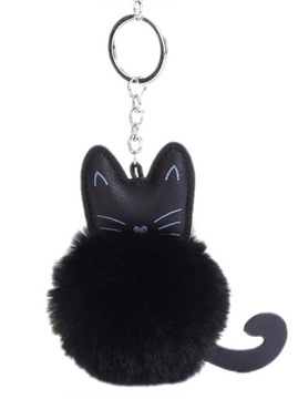 Брелок помпон мех черный котенок кошка