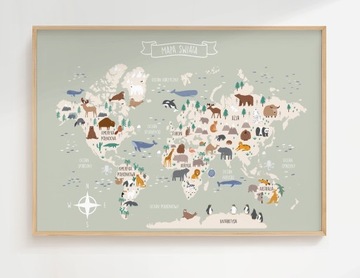 Плакат 40x50 см карта мира животные шалфей Зеленая карта для детей