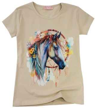 Блузка короткий рукав футболка бавовна бохо квіткові кінь бежевий 140 T001C
