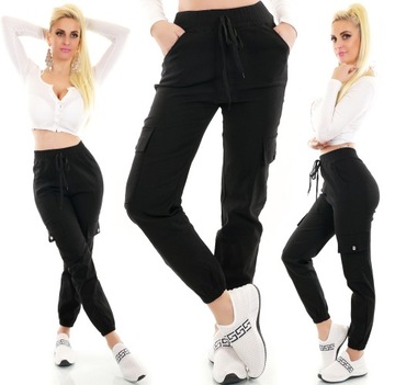 W651 черные брюки на резинке карго карманы женские удобные M / L