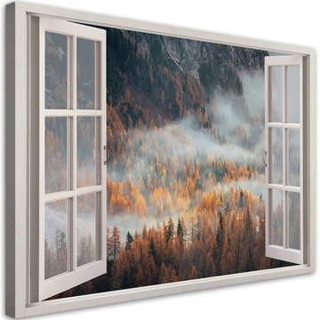 Картина на холсте, окно осенний туман в горах-90x60