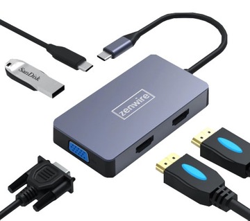 Концентратор адаптер сплиттер 5в1 USB-C 3,1 2X HDMI 4K VGA USB 3,0
