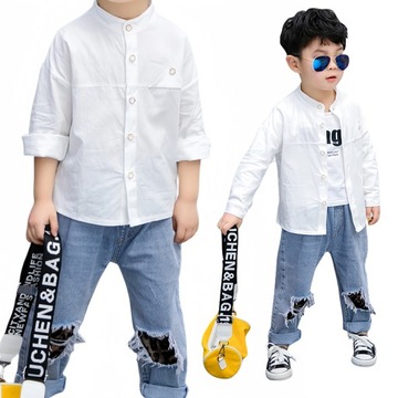 Элегантная рубашка с воротником-стойкой для мальчиков, хлопковая Белая Школьная рубашка с длинными рукавами