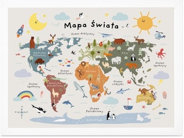 Плакат карта світу з тваринами континенти 30x40 см Картина дитяча кімната