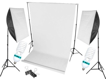 2x SOFTBOX 50x70 E27 650W STATYWY BIAŁE TŁO 1,6x5m