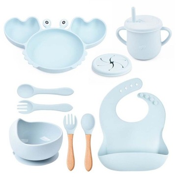 Набор силиконовой посуды безопасный для детей для малышей синий Гензель