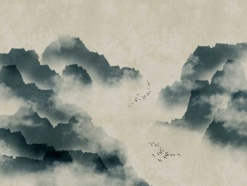 Вінілові шпалери на флізеліні гори туман птиці фото шпалери акварельний ефект 3D
