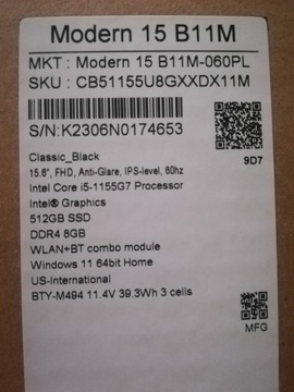 Ноутбук MSI Modern 15,6 " Intel Core i5 8 ГБ / 512 ГБ Чорний