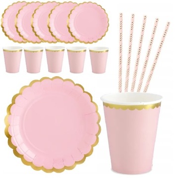 Набор чашки тарелки соломинки розовое злотый