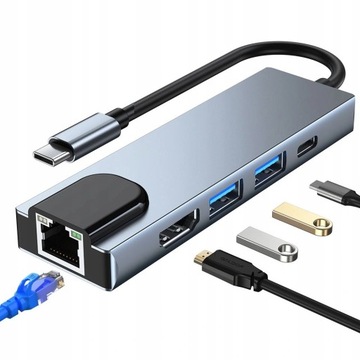 КОНЦЕНТРАТОР АДАПТЕР USB-A TYPE-C HDMI ETHERNET LAN RJ-45