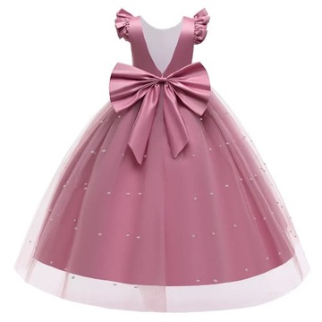 Свадебное платье для девочки розовое длинное макси с бантом 158
