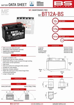 BS АККУМУЛЯТОР BT12A-BS (YT12A-BS) 152X88X106 12V 10AH BEZOBSŁUGOWY - ELEKTR