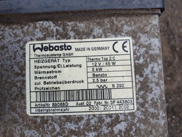 89068D WEBASTO 19486B MERCEDES A168 A CLASS 92255B 12V 5KW 2,5 BAR 45W