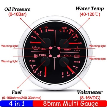 4 In 1 Oil Pressure Water Temperature VOLT Fuel Gauge with Flashing ~75492