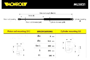 MONROE ПРИВОД ТЕЛЕСКОП КРЫШКИ БАГАЖНИКА L/P TOYOTA YARIS LIFTBACK 04.99-11.05