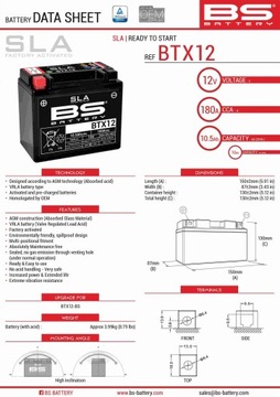 BS АККУМУЛЯТОР BTX12 (FA) (YTX12-BS) 12V 10AH 152X88X131 BEZOBSŁUGOWY - ZALA