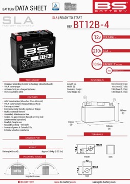 BS АККУМУЛЯТОР BT12B-4 (FA) (YT12B-4) 151X70X130 12V 10AH BEZOBSŁUGOWY - ZAL