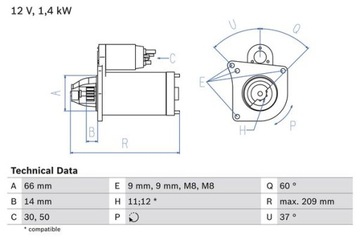 BOSCH СТАРТЕР PEUGEOT 107 1,4HDI 05-/ 207/208 1,4-1,6HDI 06-/ 307/308 1,