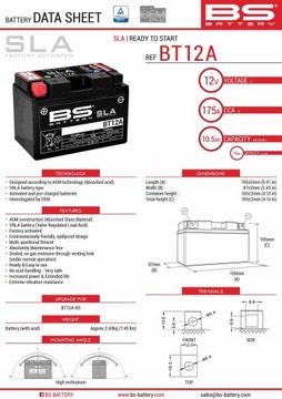 BS АККУМУЛЯТОР BT12A (FA) (YT12A-BS, YT12A) 152X88X106 12V 10AH BEZOBSŁUGOWY