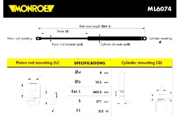 MONROE ПРИВОД ТЕЛЕСКОП КАПОТА P RENAULT MEGANE MEGANE III