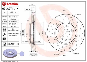 ДИСК DO ТОРМОЗНАЯ O ВЫСОКОГО SKUTECZNOŚCI BREMBO 09.A971.1X