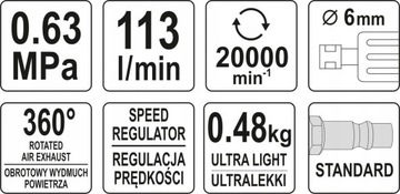 ПНЕВМАТИЧЕСКАЯ УГЛОВАЯ ШЛИФМАШИНА YATO, РЕГУЛИРОВКА 6 мм