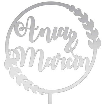 SREBRNY TOPPER TORT WESELE NAPIS IMIONA ŚLUB BOHO