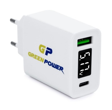 Mocna ładowarka sieciowa USB-C + USB QC3 LCD - GP