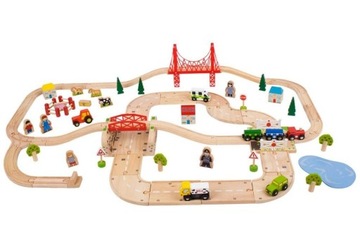 Kolejka drewniana z drogami i mostami Bigjigs Toys