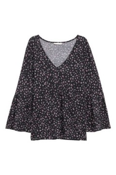 H&M bluzka print wzór rozszerzane rękawy falbanki oversize babydoll kwiatki