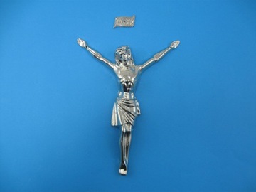 Korpus Pasyjka Jezusa na krzyż metalowa niklowana 22 cm + napis Inri
