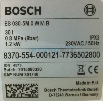 КОТЛ ВОДОНАГРЕВАТЕЛЬ 30 Л BOSCH ДАВЛЕНИЕ 30 Л