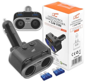 Rozgalęziacz 2x gniazda zapalniczki 150W + 2x USB C PD 18W Voltomierz LED
