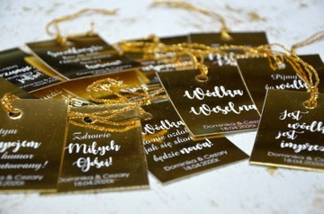 złote zawieszki na wódkę weselną |złote tło |48 szt / 16 tekstów