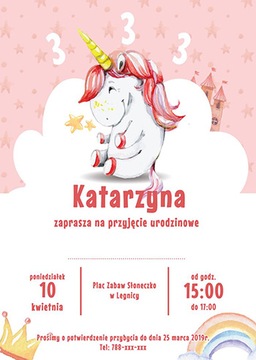 Zaproszenie urodzinowe dla dziewczynki jednorożec