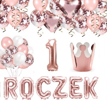 Zestaw BALONY ROCZEK cyfra 1 urodziny ROSE GOLD