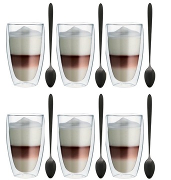FILIŻANKI KAWY LATTE CAPPUCCINO CZARNE ŁYŻECZKI X6