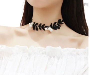 NASZYJNIK KORONKOWY CHOKER LISTKI z PEREŁKAMI