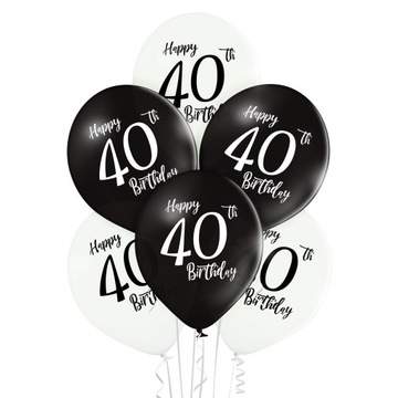 Balony 40 urodziny czarne białe Happy Birthday czterdziestka 6szt
