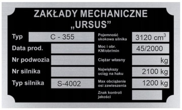 TABLICZKA ZNAMIONOWA URSUS C 355 C355 - wybita - znakowanie w cenie!