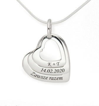 srebrny naszyjnik 3 HEARTS prezent na WALENTYNKI dla Żony Dziewczyny GRAWER