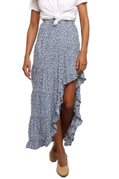 SPÓDNICA Maxi Niebieska Kwiaty Asymetryczna 2/3 XL