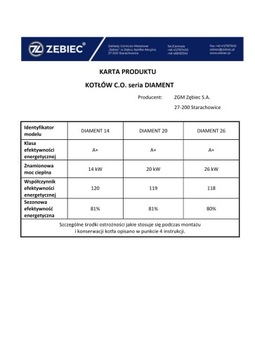 Zębiec Diament 14 kW kocioł na pellet z palnikiem KIPI 5 klasa Ecodesign A+