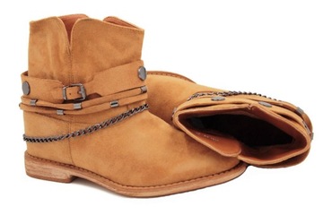 7205 CAMELOWE BOTKI ZAMSZOWE KOWBOJKI KOTURNA R.38