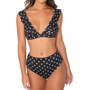 BIKINI KROPKI MAJTKI WYSOKI STAN STRÓJ KĄPIELOWY L