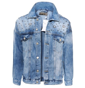 D707 perełki KATANA JEANSOWA DŁUGA KURTKA JEANS S