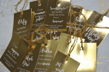 złote zawieszki na wódkę weselną |złote tło |48 szt / 16 tekstów