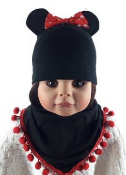 POLSKI KOMPLET CZAPKA MYSZKA MINNIE + CHUSTKA Z POMPONIKAMI 1-9 LAT 9 KOLOR