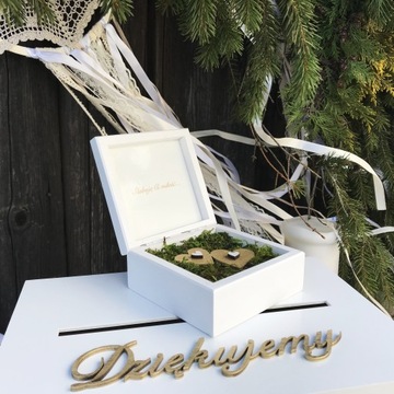 Большая БЕЛАЯ Коробка для КОНВЕРТОВ+ОБРУЧАЛЬНЫХ КОЛЬЦ, мох